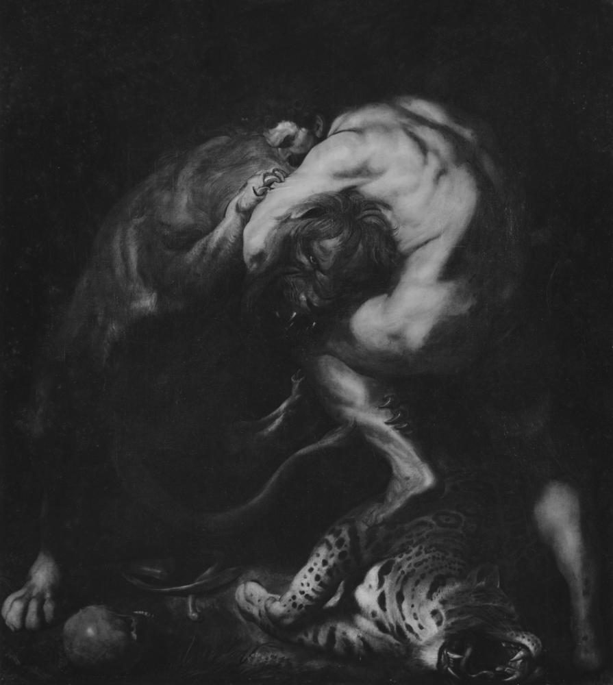 Atelier Peter Paul Rubens, Hercules worstelend met de leeuw van Nemea, na 1615, bewaarplaats onbekend (voorheen in Sanssouci slot in Potsdam, vermoedelijk vernietigd tijdens WO II), publiek domein 