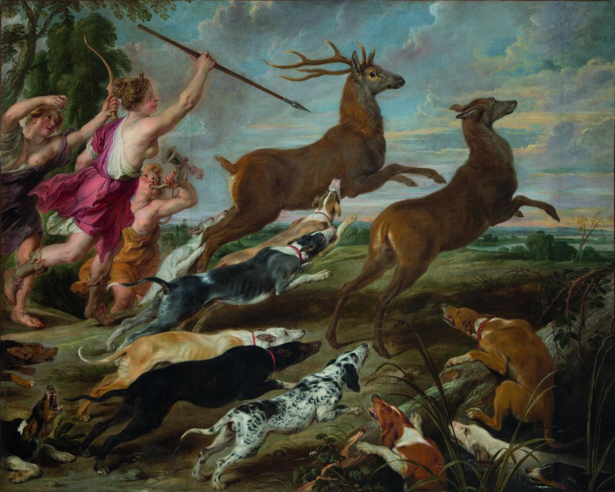 Peter Paul Rubens, Paul de Vos & Jan Wildens, Godin Diana en haar nimfen op hertenjacht, privécollectie, in langdurige bruikleen aan het Rubenshuis, publiek domein