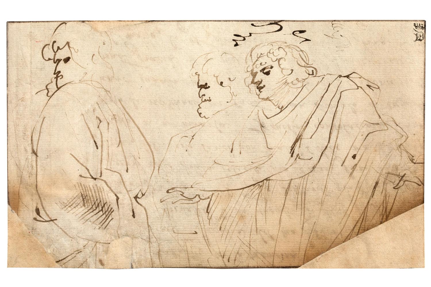 Peter Paul Rubens, Three Men in Traditional Robes (front), rough draft for a letter (back), 1607, pen and brown ink on paper, Rubenshuis (on long-term loan from the King Baudouin Foundation), public domain