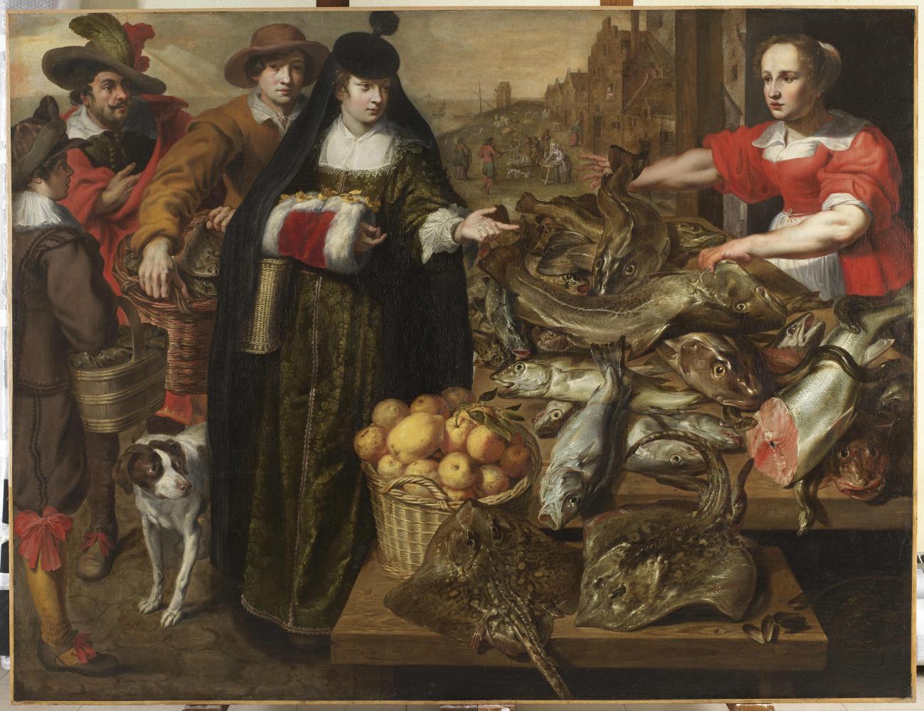 Adriaen van Utrecht & Marten Pepijn, Een dame op de vismarkt van Antwerpen, 1630-1639, Collectie Stad Antwerpen, Rubenshuis, publiek domein