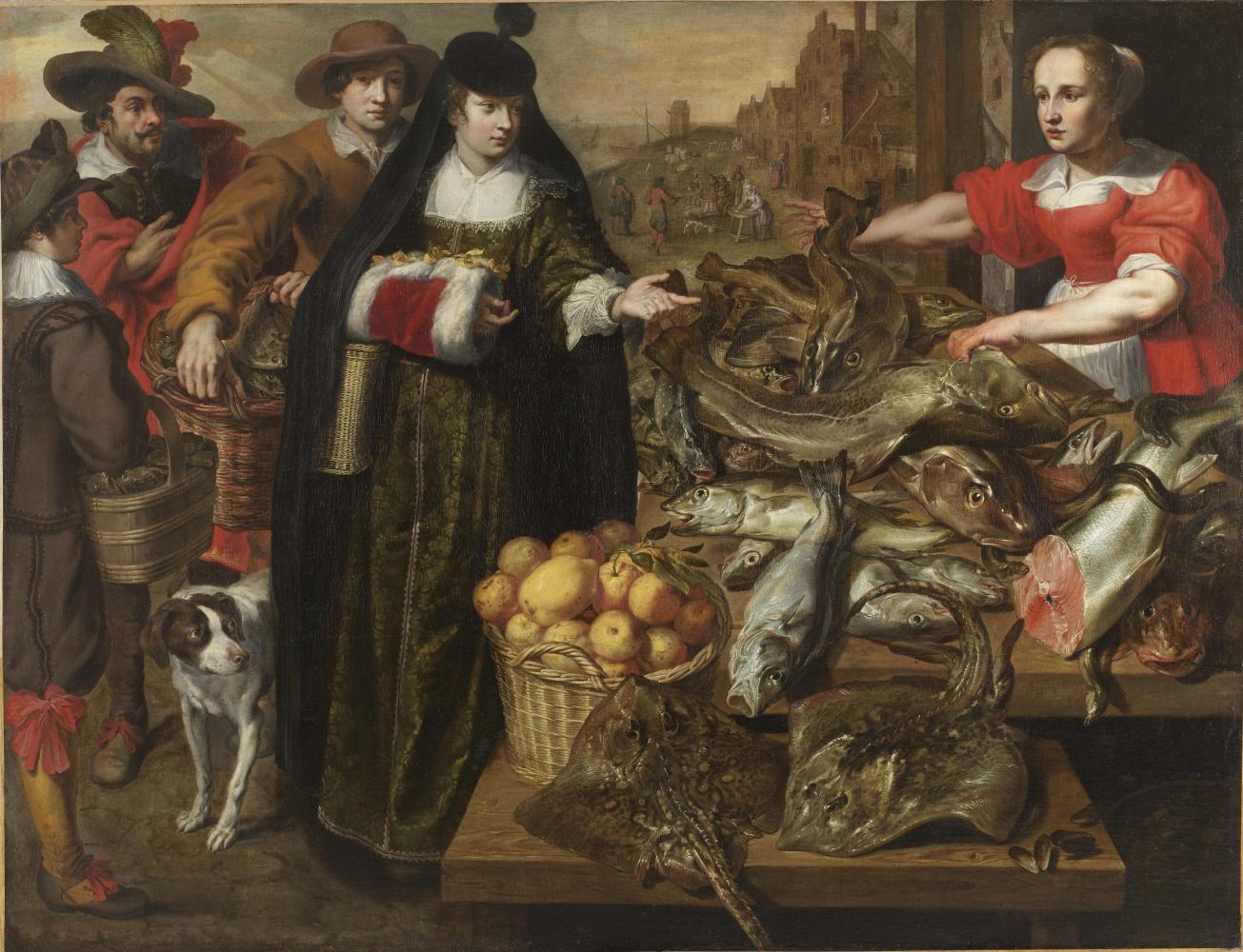 Adriaen van Utrecht & Marten Pepijn, Une dâme au marché aux poissons d'Anvers, 1630-1639, Collection Ville d'Anvers, Rubenshuis, domaine public
