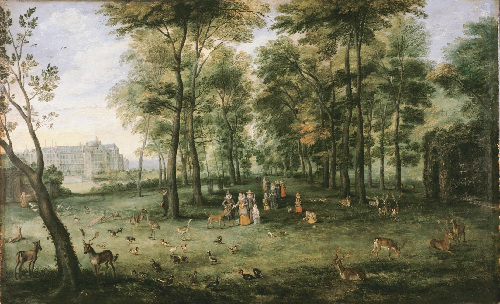 Jan I Brueghel, Die Erzherzöge Albrecht und Isabella im Garten ihres Schlosses Coudenberg zu Brüssel, 1620-1629, Sammlung der Stadt Antwerpen, Rubenshuis, gemeinfrei