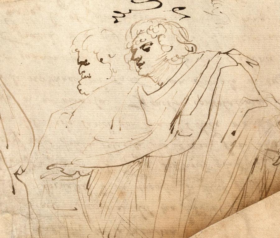 Peter Paul Rubens,  Drie mannen in klassieke gewaden (recto), Kladbrief (verso)