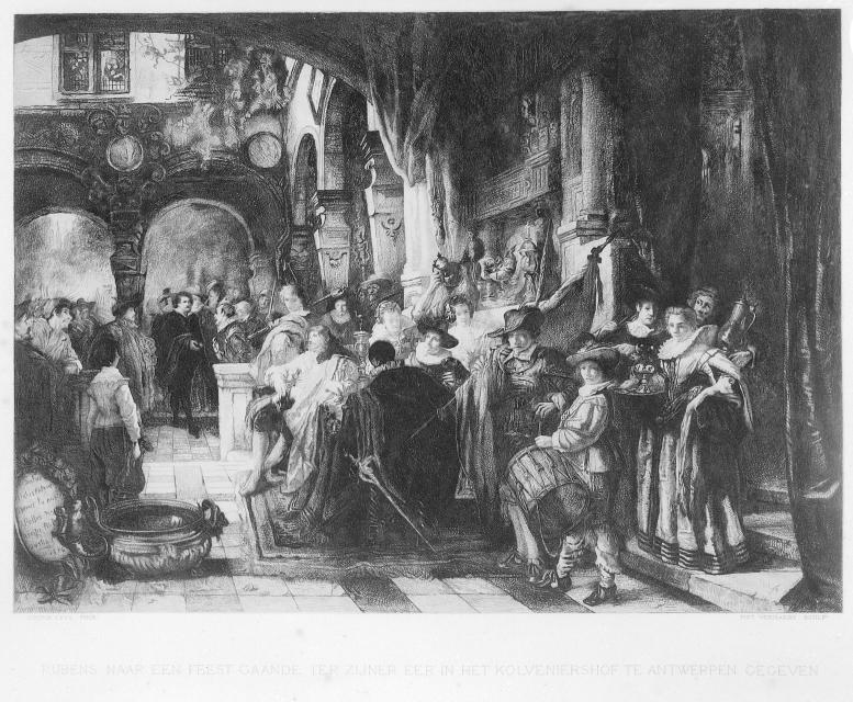 Piet Verhaert naar Hendrik Leys, Rubens naar een feest gaande ter zijnen eer in het Kolveniershof te Antwerpen gegeven, na 1851, Collectie Stad Antwerpen, Rubenshuis, publiek domein